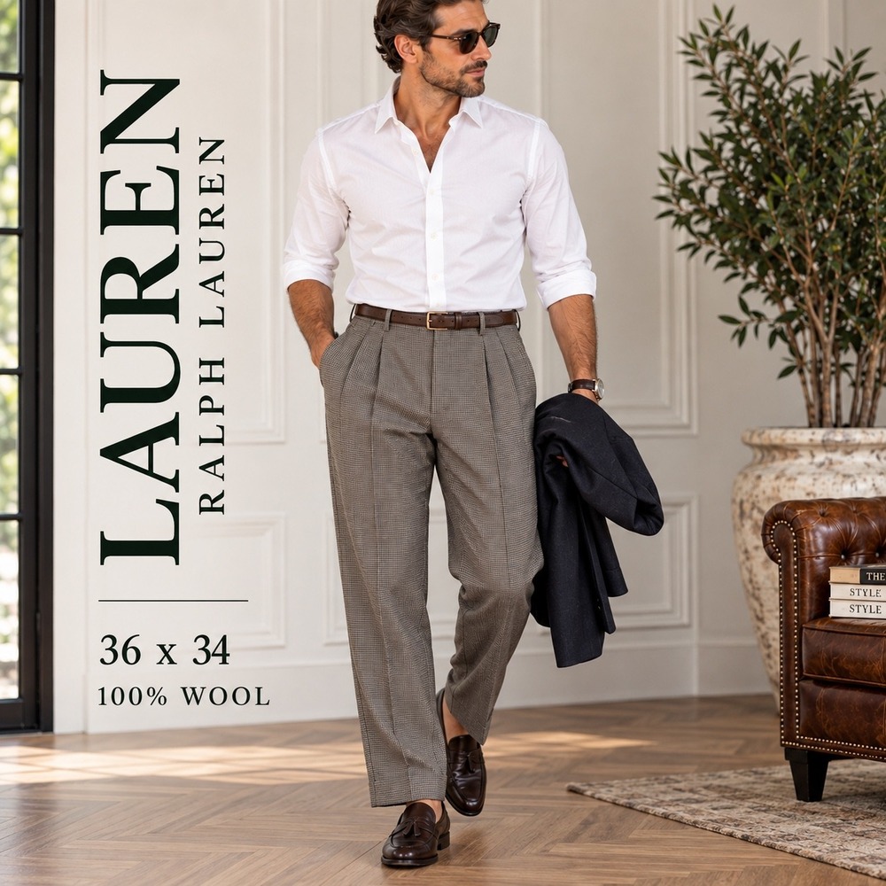 Lauren Ralph Lauren Wool Dress Pants Men 36x34 Brown Houndstooth Pleated Slacks